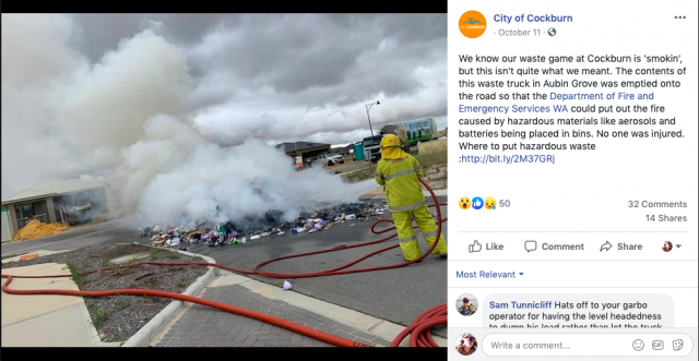 FB post about garbage truck fire